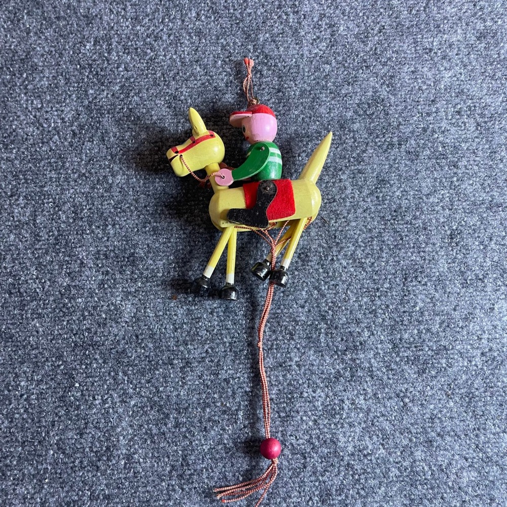 Vintage Wooden Jumping Jack Ornament Jockey on Yellow Horse Pull String Toy